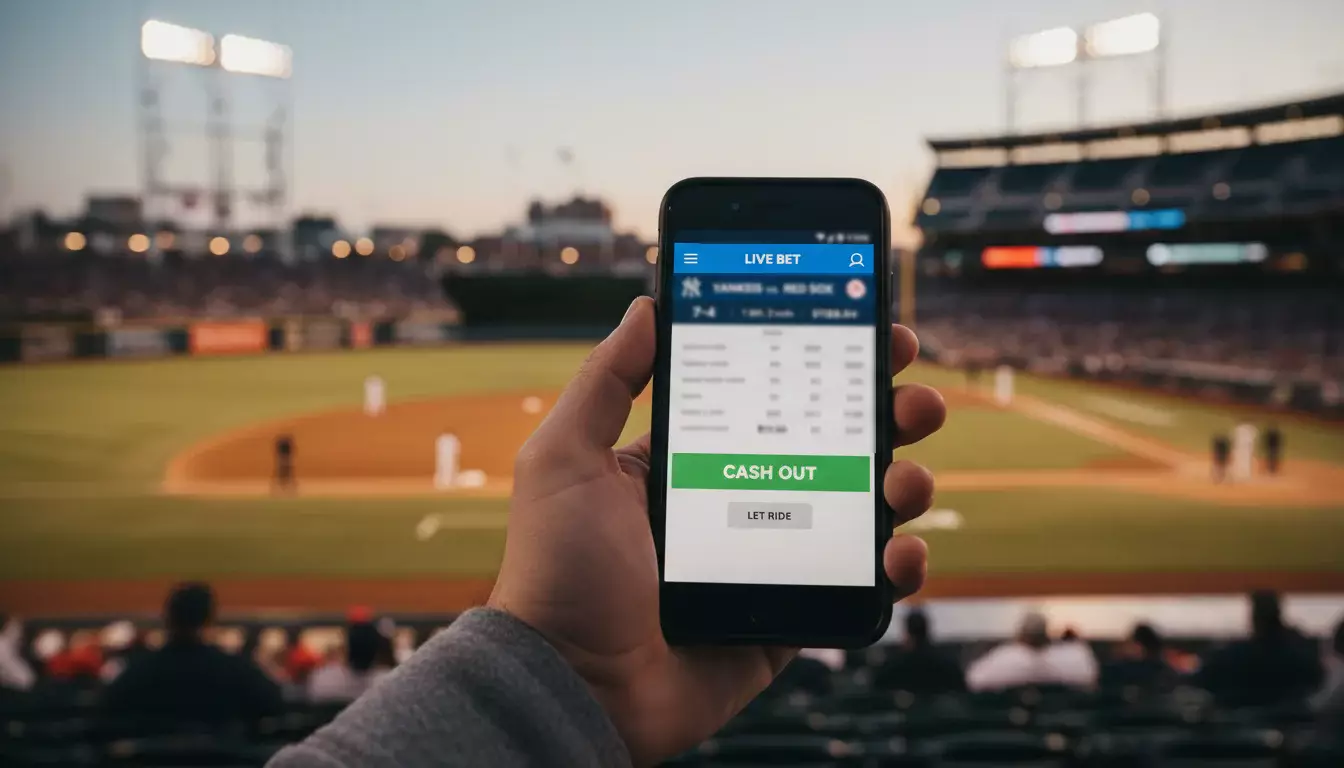 Cash-out bij honkbal weddenschappen – persoon bekijkt live honkbalwedstrijd op smartphone