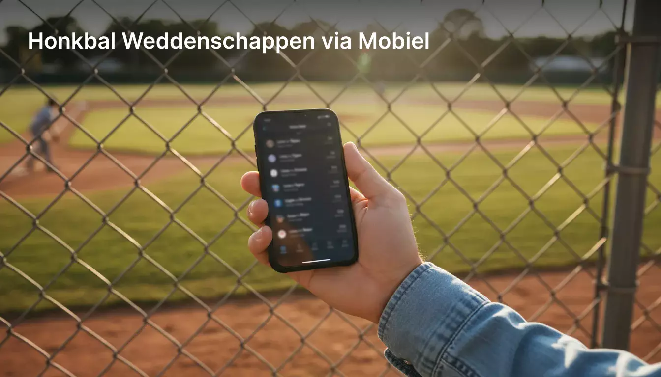 Mobiel wedden op honkbal – hand houdt smartphone vast bij een honkbalveld