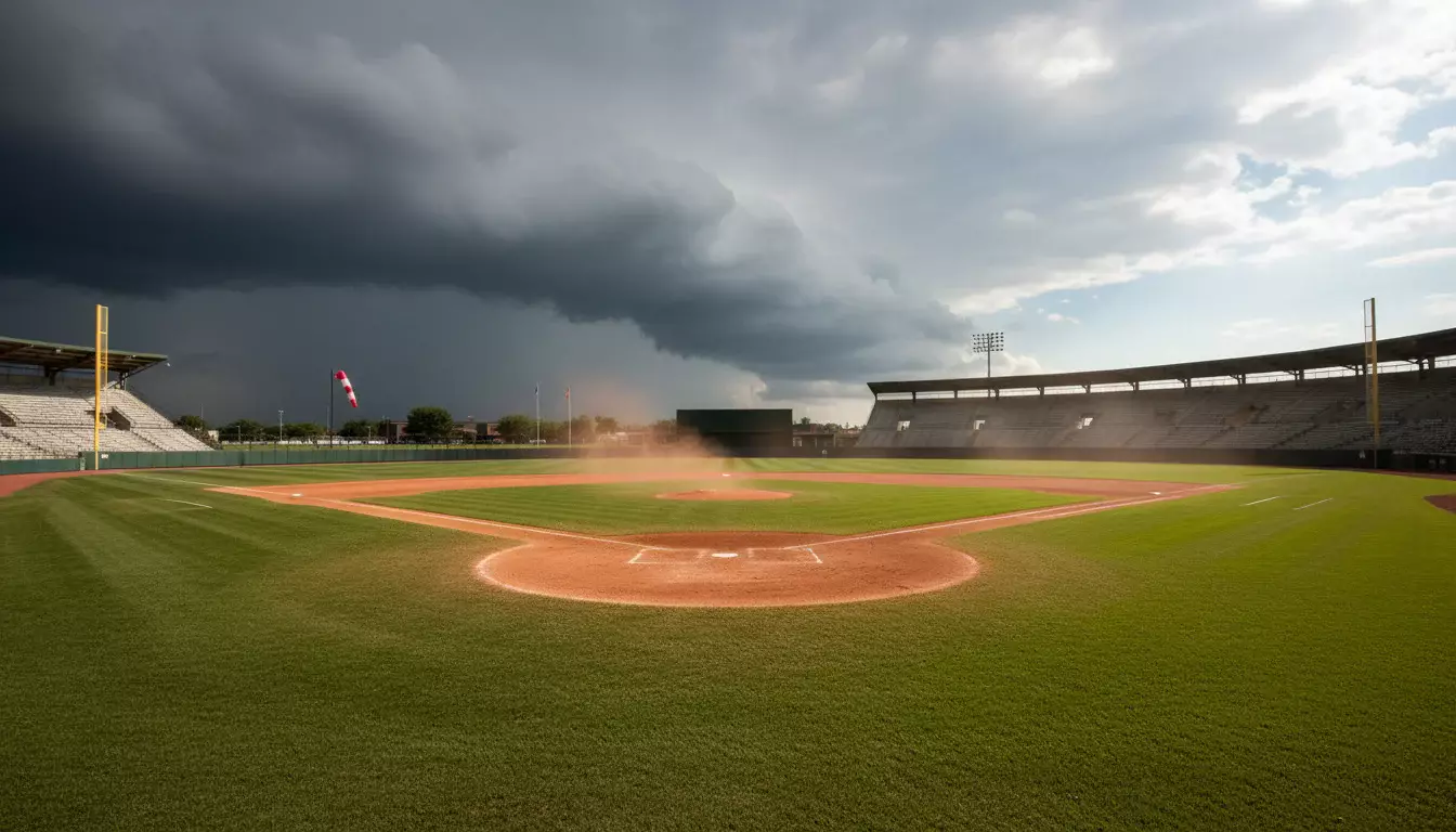 Weer en externe factoren bij honkbal wedden – honkbalveld met wisselende weersomstandigheden